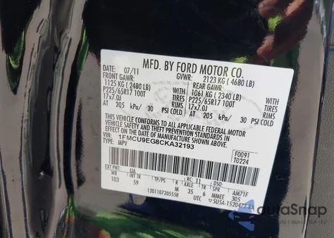 2012 Ford Escape Limited z USA, uszkodzony, nr VIN 1FMCU9EG8CKA32193